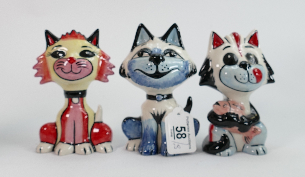 Three Lorna Bailey cats: One with fish, cheeky sheet & 1 other. Tallest 13.5 cm (3) - Image 2 of 2