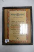 Framed Recognition WW1 Certificate from the County of Stafford: to Samuel George Holden Special