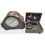 Oak Cased Art Deco Mantle Clock: together with small wooden box & fishing reel(3)