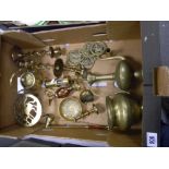 A collection of brassware items to include: miniature miners lam, candlesticks, vases, horse brasses
