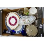 A mixed collection of items to include: Oak Shielded biscuit barrel , large blue & white platters,