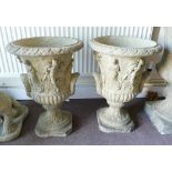 Pair Devonshire ornate Grecian style garden urns: h57cm. (2)