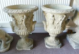 Pair Devonshire ornate Grecian style garden urns: h57cm. (2)
