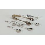 Group of hallmarked silver spoons tongs and pusher: Georgian tongs, spoons with initials. Gross