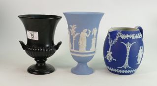 Wedgwood Dip Blue Jasper Ware Jug: together with lighter Vase & black Urn, height of tallest 18.