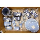 Collection of 19 Wedgwood pieces of Jasperware: Included vases, plates including Peter Rabbit,