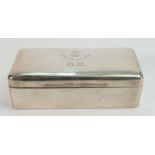 Large filled silver Mappin and Webb desk cigarette box: Incised initials BH and Latin heraldic