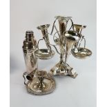 Silver plated large epergne cocktail shaker and chamberstick: Large epergne 33 cm high, with 3