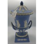 Wedgwood blue & white Jasperware two handled Urn & cover: Dated 1973, height 30cm.