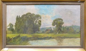 H Herring, Oil painting on canvas of Medmenham Abbey Nr Marlow: 80 x 46cm in gilt frame. (3
