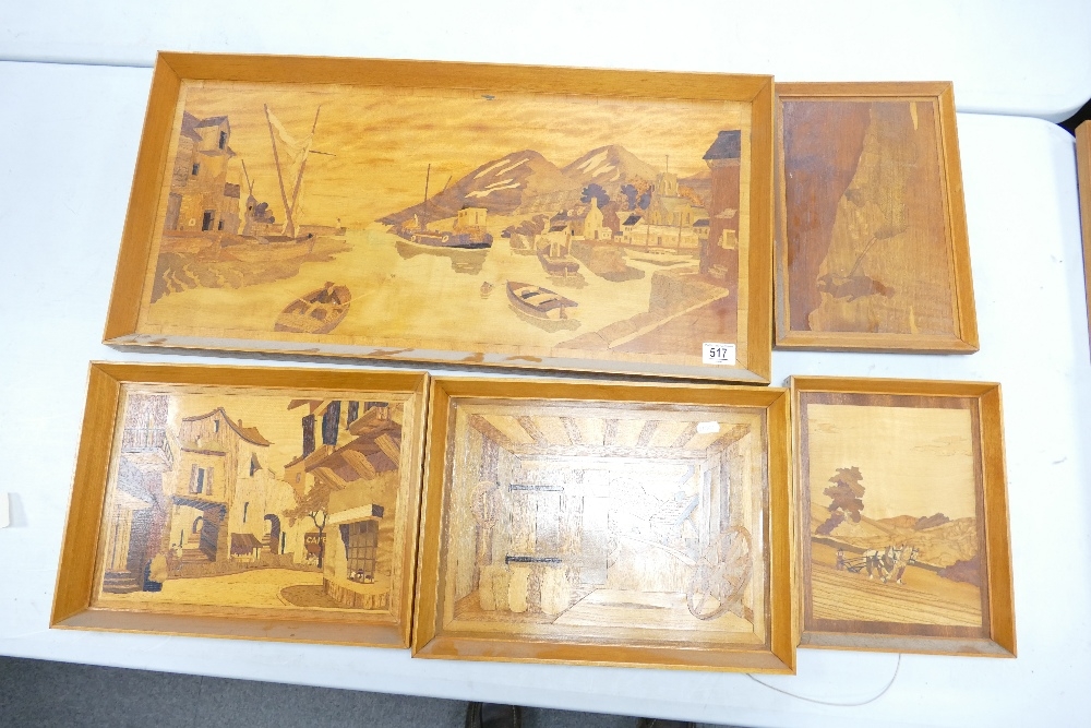 A collection of Framed Marquetry Wooden Pictures with Landscape Theme,: largest 38 x 77cm(8)