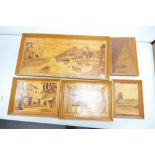 A collection of Framed Marquetry Wooden Pictures with Landscape Theme,: largest 38 x 77cm(8)
