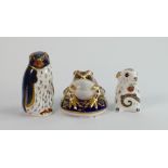 Three x Royal Crown Derby paperweights: Rockhopper penguin silver stopper, frog ceramic stopper