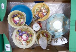 Aynsley fruit tea ware including Orchard Gold: Two cups and saucers, sugar bowl and cream jug,
