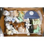 Tray lot of assorted collectables: Wedgwood blue Jasper ware clock and Peter rabbit money box, Wade,