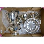 Tray lot of silver plated items: Includes 4 piece tea set, cake basket, jug etc.