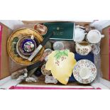 Tray lot of interesting collectables: includes Aynsley, Minton, Boxed Minton, Dubarry, fans,