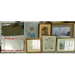 A collection of framed prints: together with a framed Staffordshire map, embroidery, Water colour bt