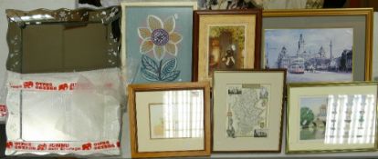A collection of framed prints: together with a framed Staffordshire map, embroidery, Water colour bt