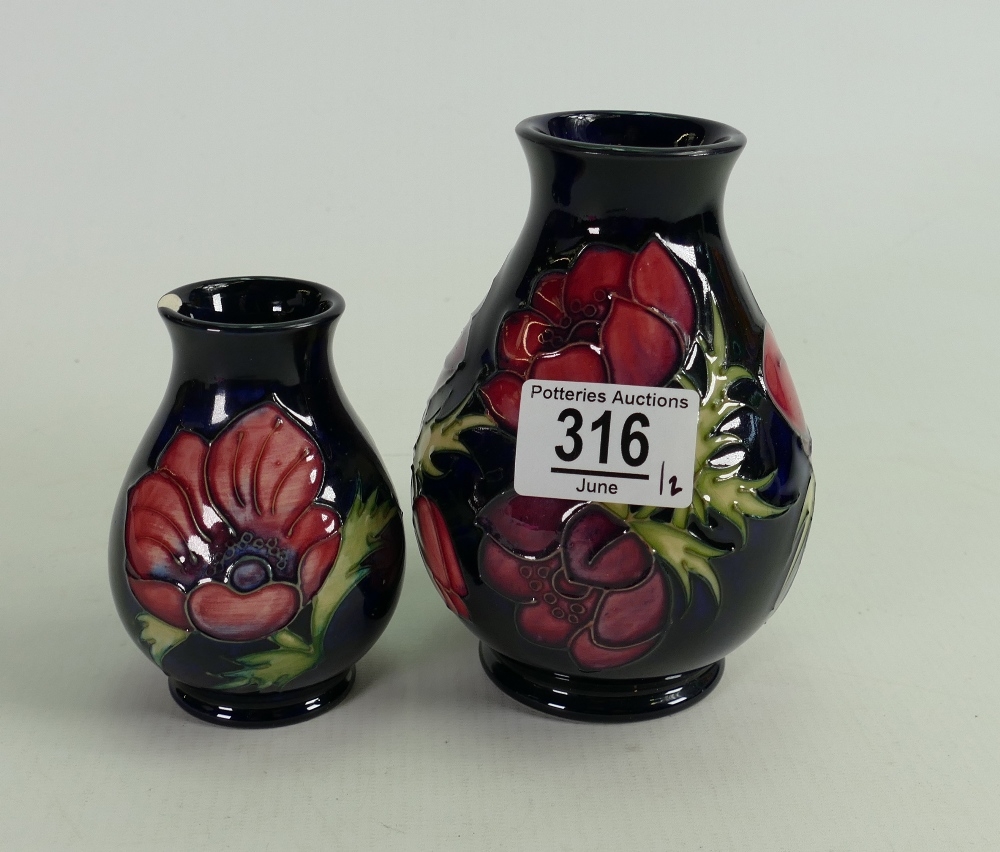 Moorcroft Clematis on Blue Ground Vases: height of tallest 14cm, both silver line seconds, smaller