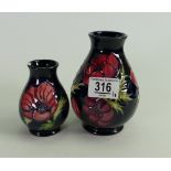 Moorcroft Clematis on Blue Ground Vases: height of tallest 14cm, both silver line seconds, smaller
