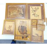 A collection of Framed Marquetry Wooden Pictures with Animal Theme,: largest 36 x 44cm(8)
