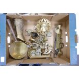 A mixed collection of brass items to include: horse brasses, ornaments, pans, stands etc