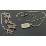 Silver necklace, pendant and ornate white metal necklace: (3)