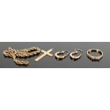 Assorted 9ct gold broken jewellery: Gross weight 5.8g, includes ring, bracelet, earrings, cross etc.