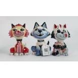 Three Lorna Bailey cats: One with fish, cheeky sheet & 1 other. Tallest 13.5 cm (3)