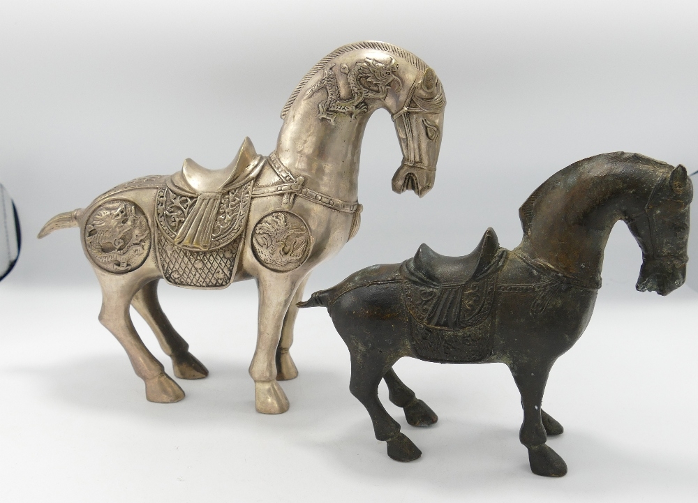 Bronzed Base Metal Figure of Tang Horse: together with Larger Plated similar item, height of tallest