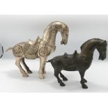 Bronzed Base Metal Figure of Tang Horse: together with Larger Plated similar item, height of tallest