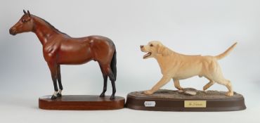 Beswick The Labrador: on ceramic plinth together with similar damaged Thoroughbred Horse(2)