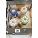 A collection of Lilac, Sage Green & Royal Blue Wedgwood Cylindrical lidded pots: blue item marked