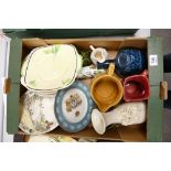 A mixed collection of items to include: decorative china plates, decanters, jugs etc