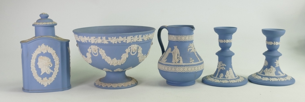 A collection of Wedgwood Jasperware to include: footed bowl, candlesticks, decanter & jug