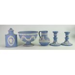 A collection of Wedgwood Jasperware to include: footed bowl, candlesticks, decanter & jug