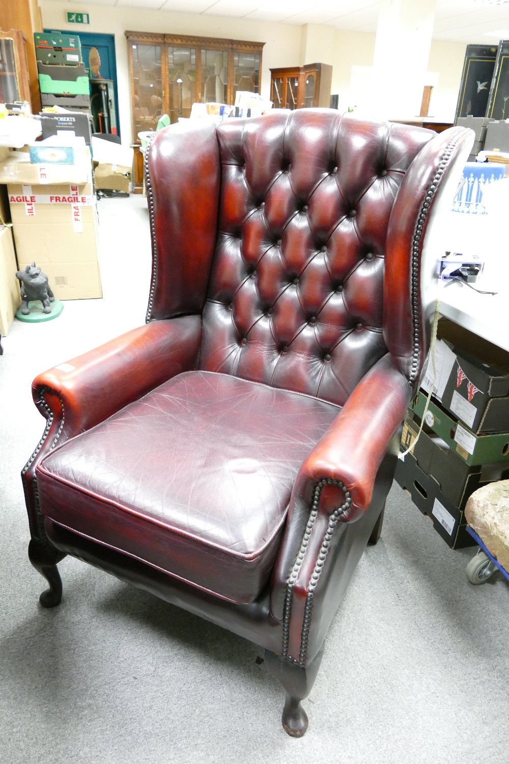 Oxblood Red Leather Wing Back Armchair: