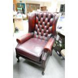 Oxblood Red Leather Wing Back Armchair:
