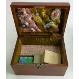 Victorian walnut sewing box with assorted costume jewellery: Includes brooches, earring &