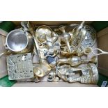 A large collection of Brass items to include: ornaments, figures, stands, small fireside sets, vases