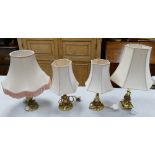 Four brass lamp bases: with shades