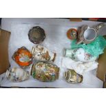 Tray lot of Satsuma and Chinese ware: Includes vases, tea pot and incense burner. (8)