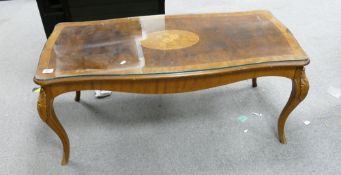 Inlaid walnut coffee table with protective glass top:
