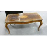 Inlaid walnut coffee table with protective glass top: