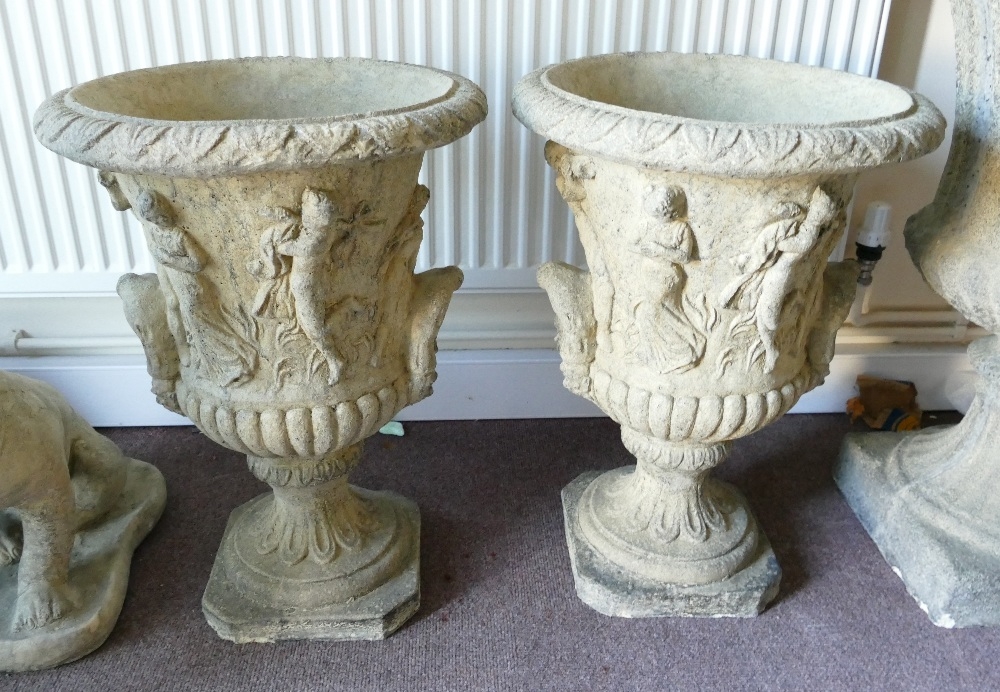 Pair Devonshire ornate Grecian style garden urns: h57cm. (2) - Image 2 of 2