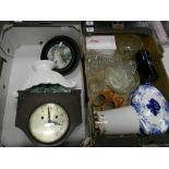 A mixed collection of items to include: early Blue & White Tureen, Glassware, Oak cased mantle clock
