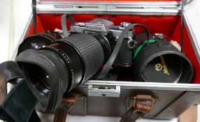 Cased Fujica AX-5 Film Camera: with Makinon 28-80 zoom lens( hood dented), Makinon 80-200 lens, Tele