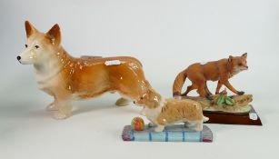 Royal Doulton Nelson & similar pottery figures of Corgi Dogs & Foxes: height of tallest 16cm(3)
