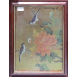 Chinese silk picture of a pair of birds in flowers: Framed. 39 x 30cm.